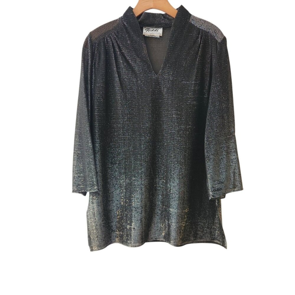 Vintage Teddi of California Black Silver Metallic Tunic V-Neck Disco‎ Size 12